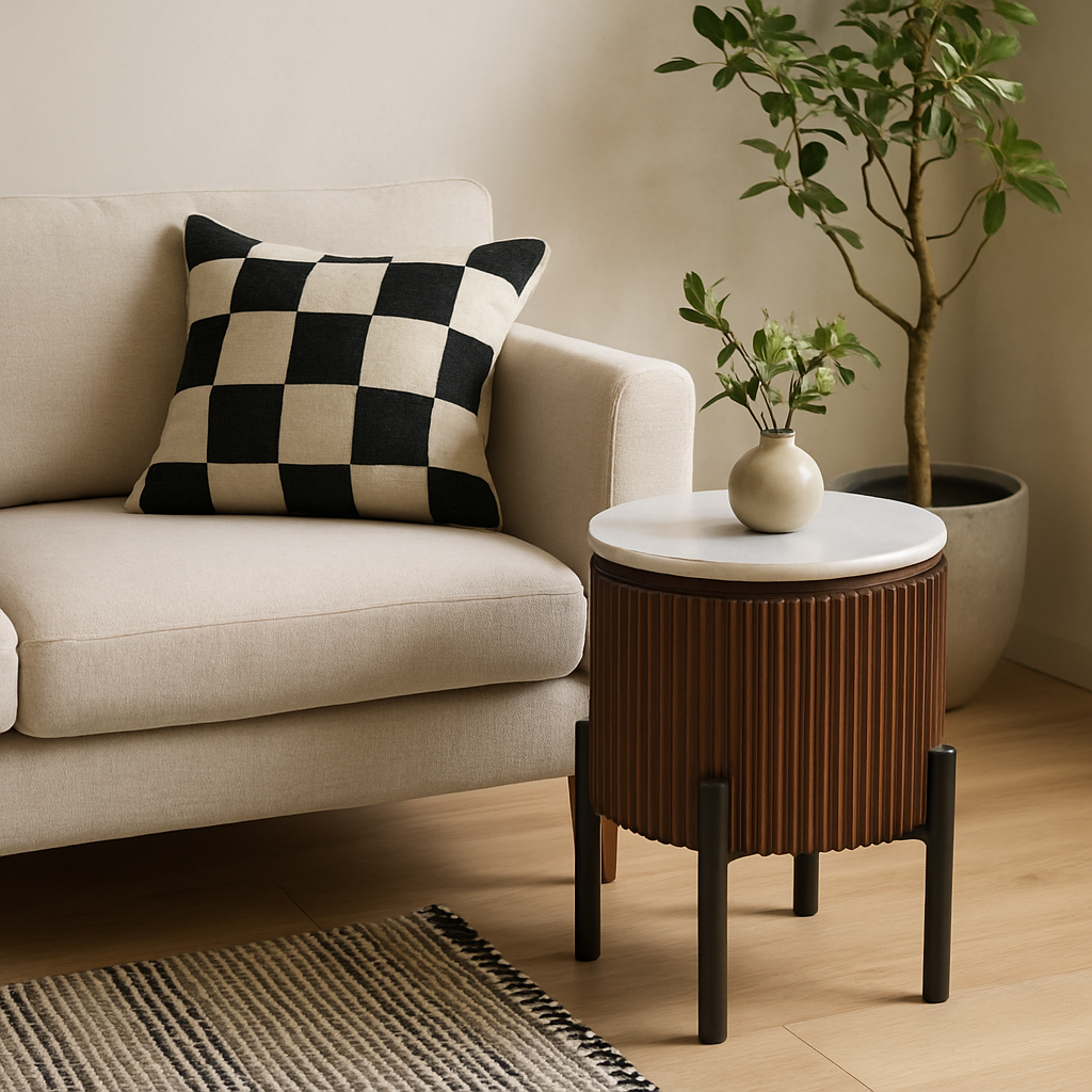 Alabama Ribbed Mango Wood Side Table With Marble Top and Metal Legs