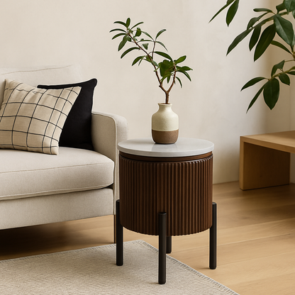 Alabama Ribbed Mango Wood Side Table With Marble Top and Metal Legs