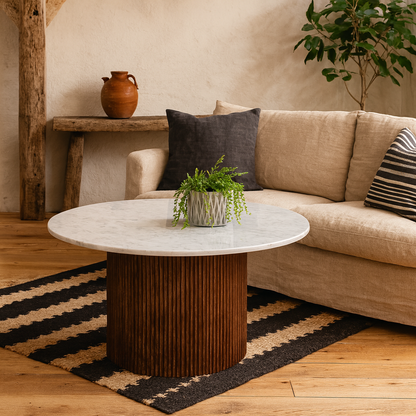 Alabama Ribbed Mango Wood Coffee Table With Marble Top