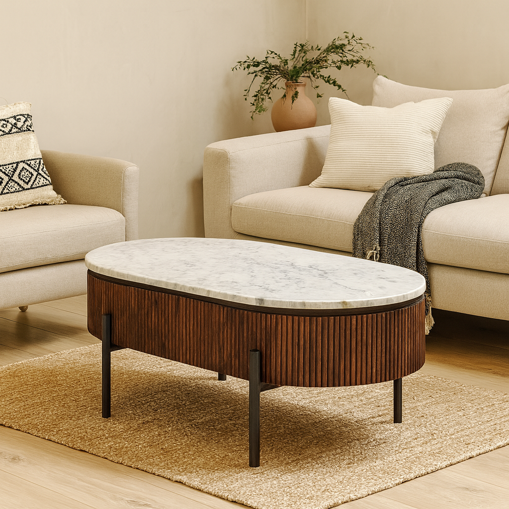 Alabama Ribbed Mango Wood Rectangular Coffee Table With Marble Top and Metal Legs