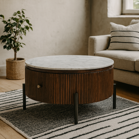 Alabama Ribbed Mango Wood Round Fluted Coffee Table With Marble Top and Metal Legs
