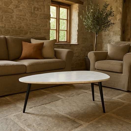 Alabama White Marble Top Coffee Table With Black Metal Legs