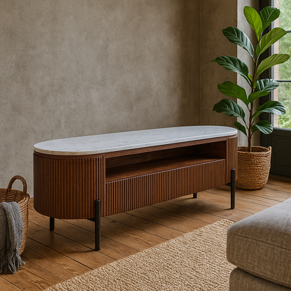 Alabama Marble Top and Ribbed Mango Wood TV Unit With Drawers
