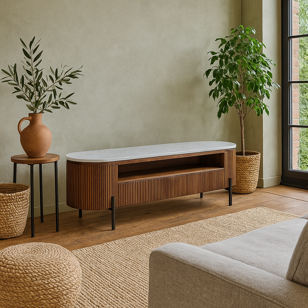 Alabama Marble Top and Ribbed Mango Wood TV Unit With Drawers