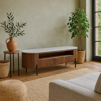 Alabama Marble Top and Ribbed Mango Wood TV Unit With Drawers
