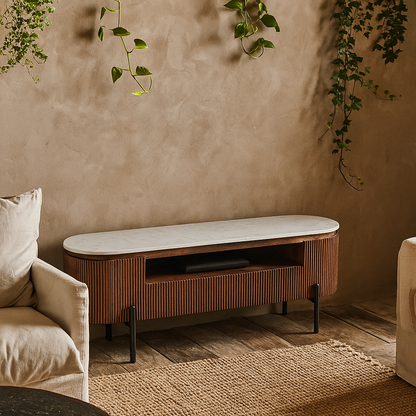 Alabama Ribbed Mango Wood TV Cabinet With Marble Top and Metal Legs