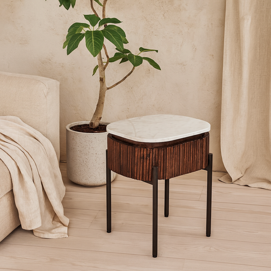 Alabama Ribbed Mango Wood Bedside Table With Marble Top and Metal Legs