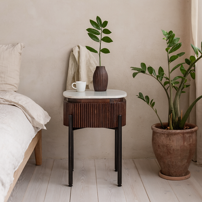 Alabama Ribbed Mango Wood Bedside Table With Marble Top and Metal Legs