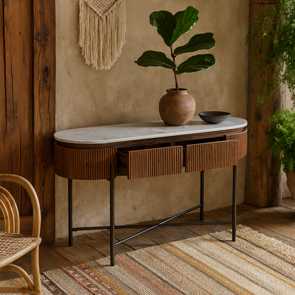 Alabama Ribbed Mango Wood Console Table With Marble Top and Metal Legs