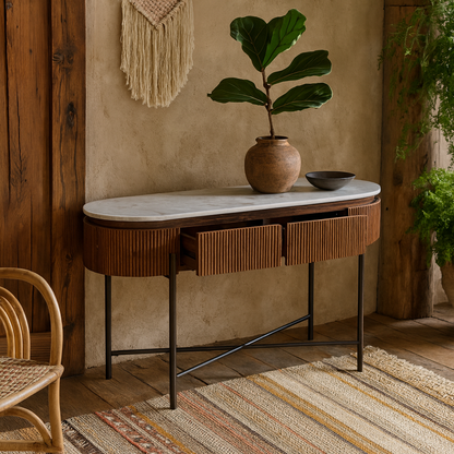 Alabama Ribbed Mango Wood Console Table With Marble Top and Metal Legs