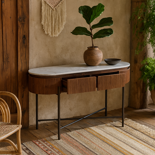 Alabama Ribbed Mango Wood Console Table With Marble Top and Metal Legs
