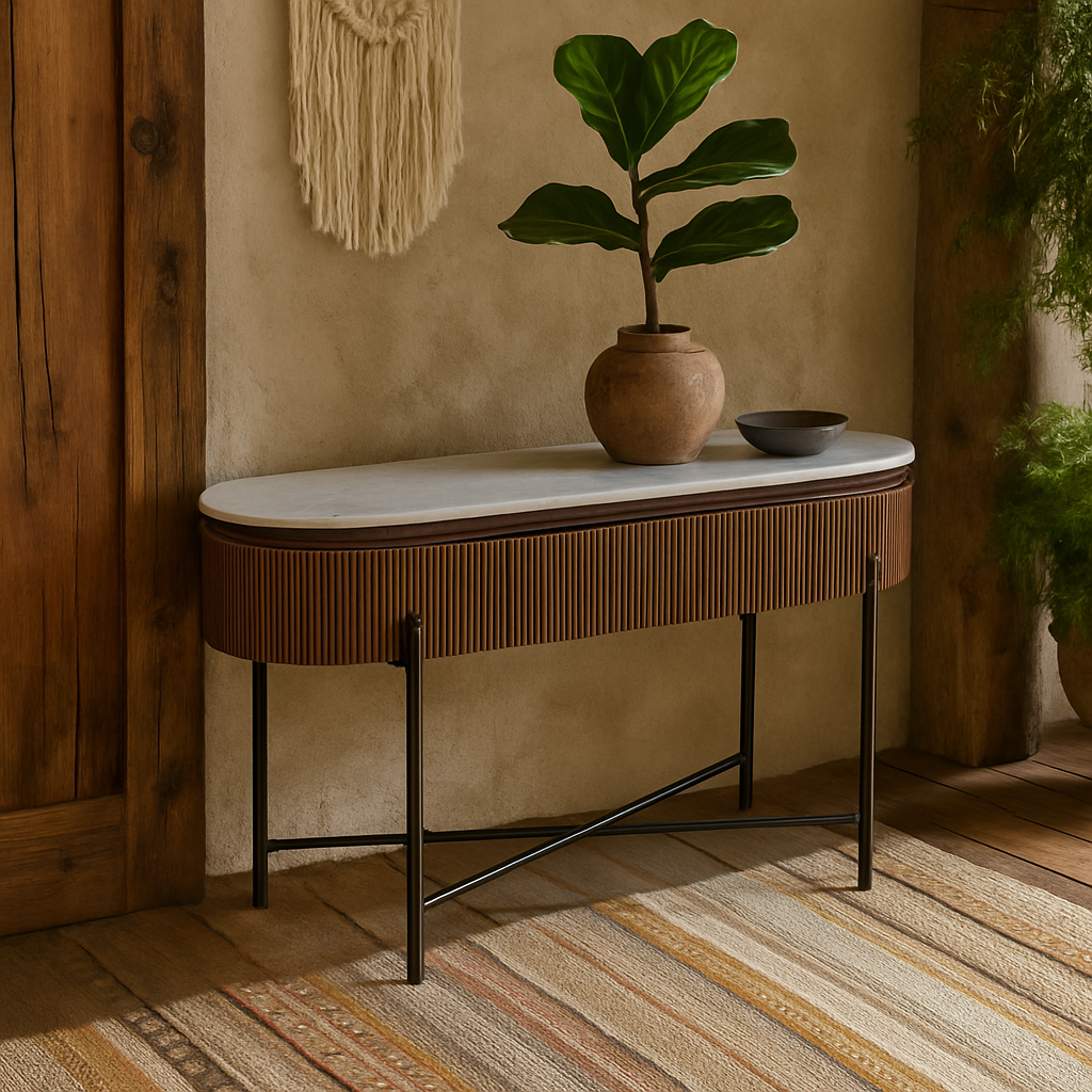 Alabama Ribbed Mango Wood Console Table With Marble Top and Metal Legs