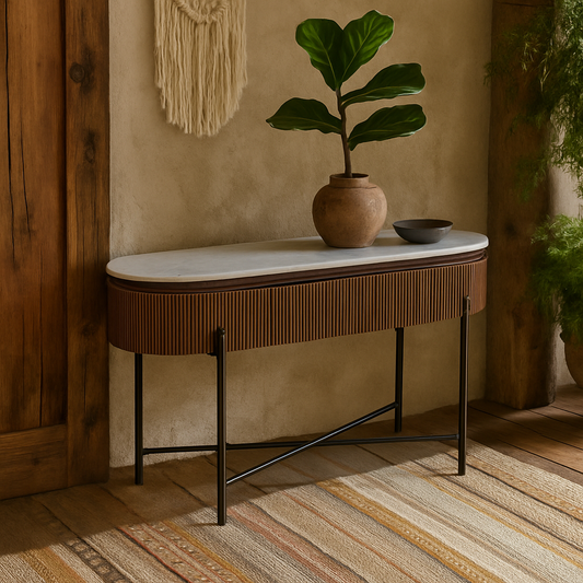 Alabama Ribbed Mango Wood Console Table With Marble Top and Metal Legs
