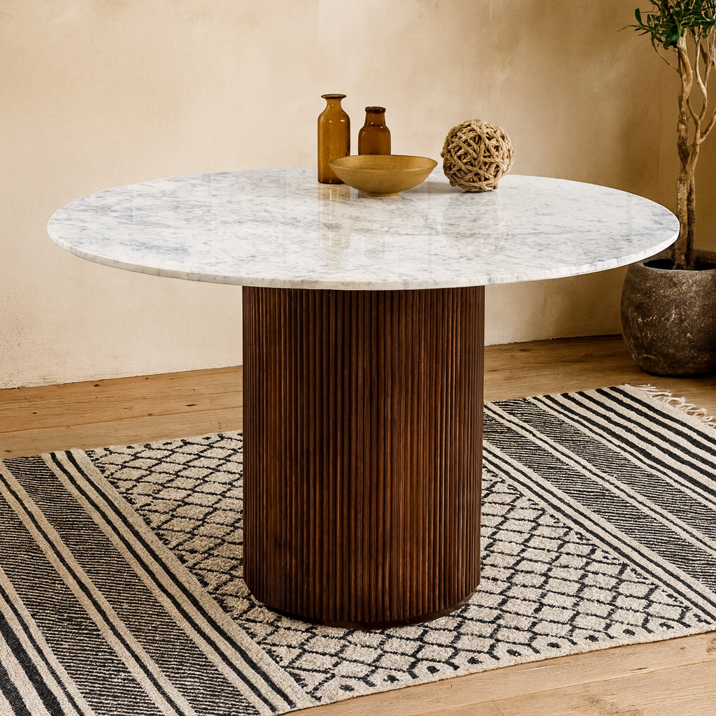 Alabama Ribbed  Mango Wood Round Dining Table With Marble Top
