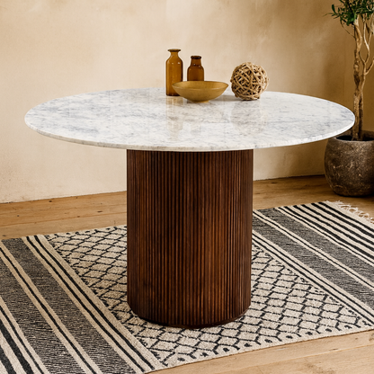 Alabama Ribbed  Mango Wood Round Dining Table With Marble Top