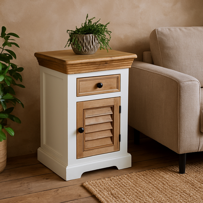 Alington White and Natural Mango Wood Bedside Cabinet With Drawer and Door