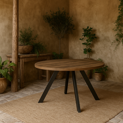 Bern Round Oak Look Extendable Dining Table Black Steel Legs