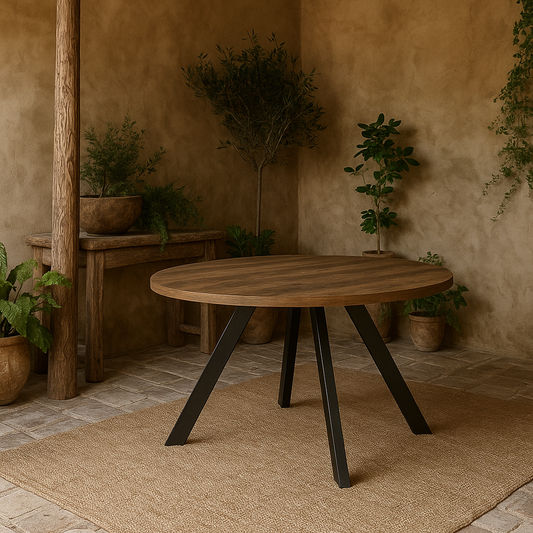 Bern Round Oak Look Extendable Dining Table Black Steel Legs