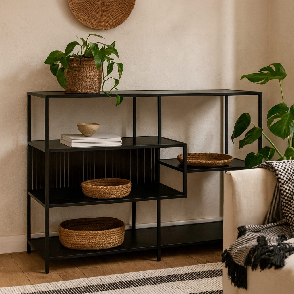 Paris Wide Black Metal Bookcase 4 Shelves