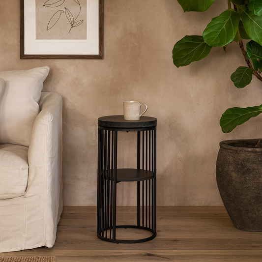 Dublin Black Marble Effect Round Bedside Table with Black Steel Frame