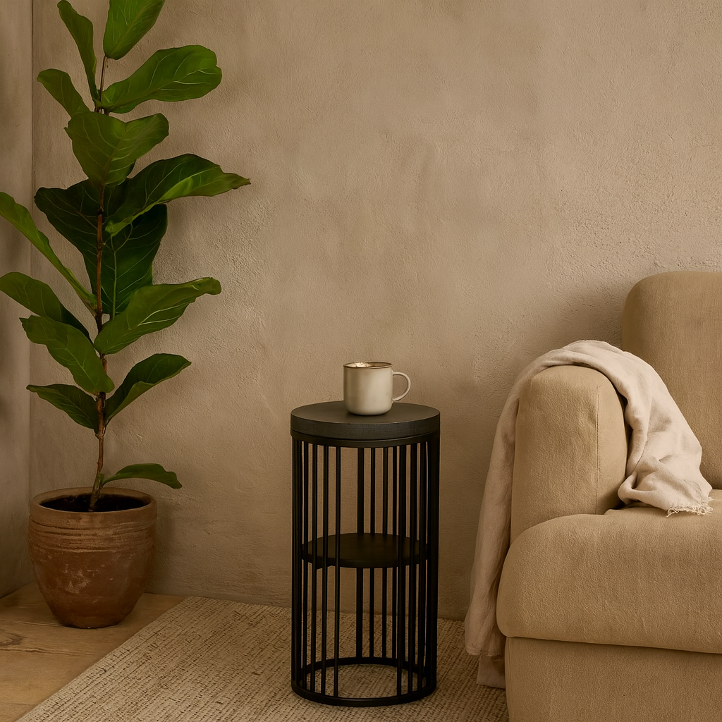Dublin Black Marble Effect Round Bedside Table with Black Steel Frame