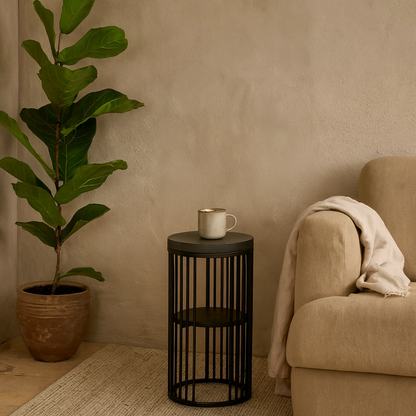 Dublin Black Marble Effect Round Bedside Table with Black Steel Frame