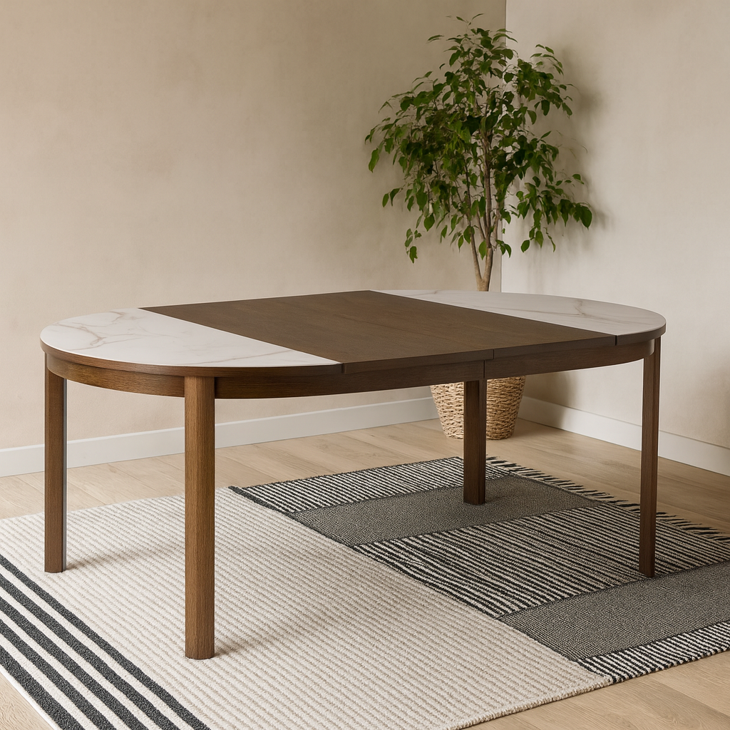 Cork Round Extendable Cream Ceramic Dining Table Oak Veneer Base