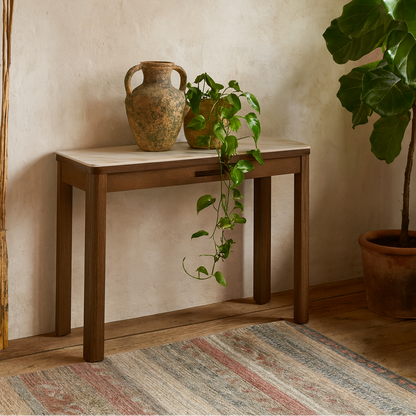 Cork Cream Ceramic Console Table with Oak Veneer Base 1 Drawer