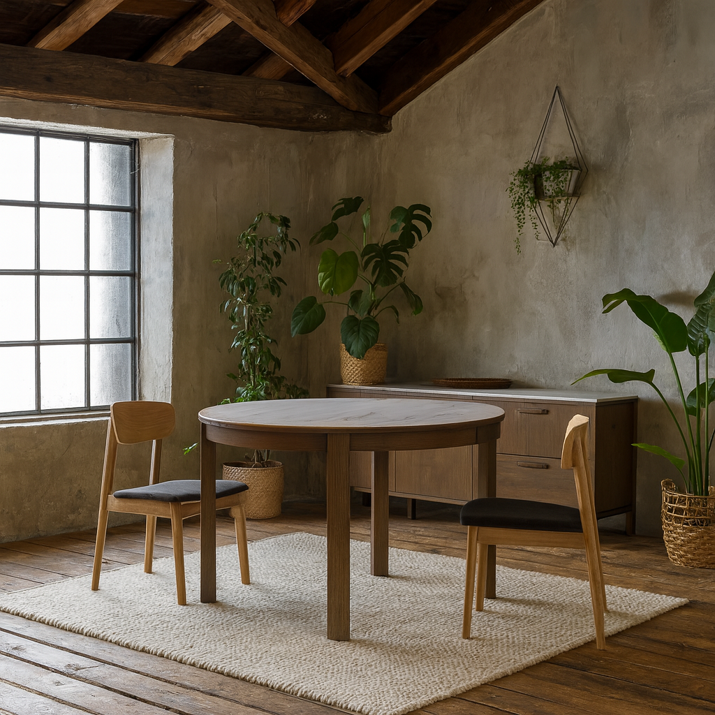 Cork Round Extendable Dining Table with Cream Ceramic Top and Oak Veneer Base