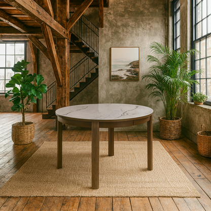 Cork Round Extendable Dining Table with Cream Ceramic Top and Oak Veneer Base
