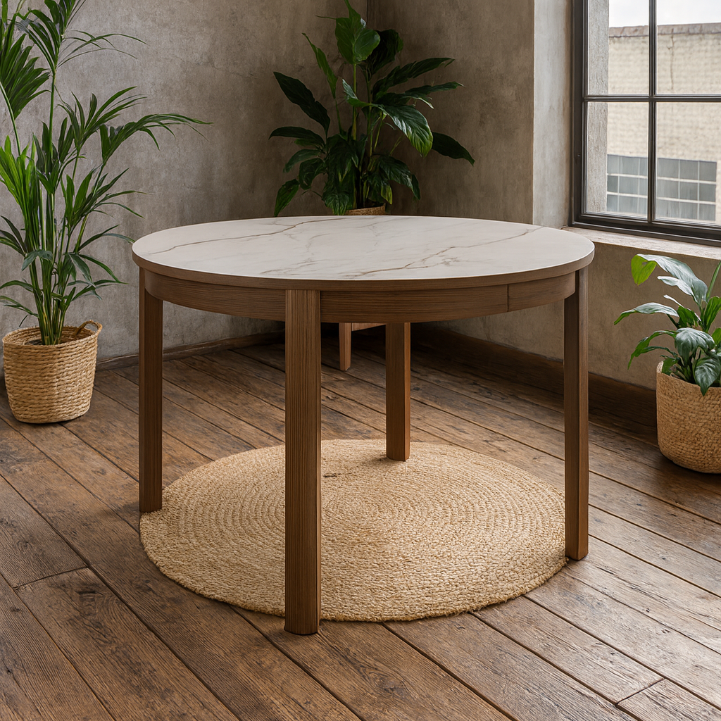 Cork Round Extendable Dining Table with Cream Ceramic Top and Oak Veneer Base