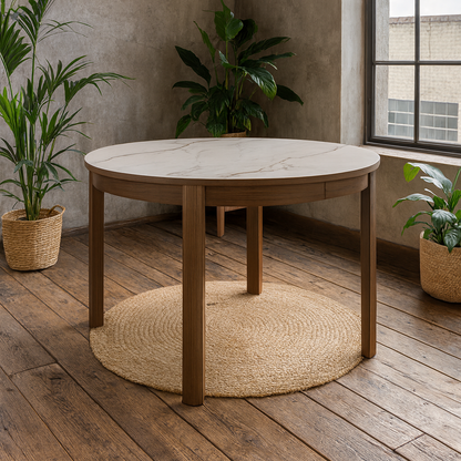 Cork Round Extendable Dining Table with Cream Ceramic Top and Oak Veneer Base