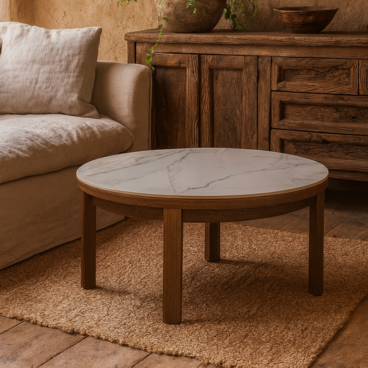 Cork Round Cream Ceramic Coffee Table with Oak Veneer Base