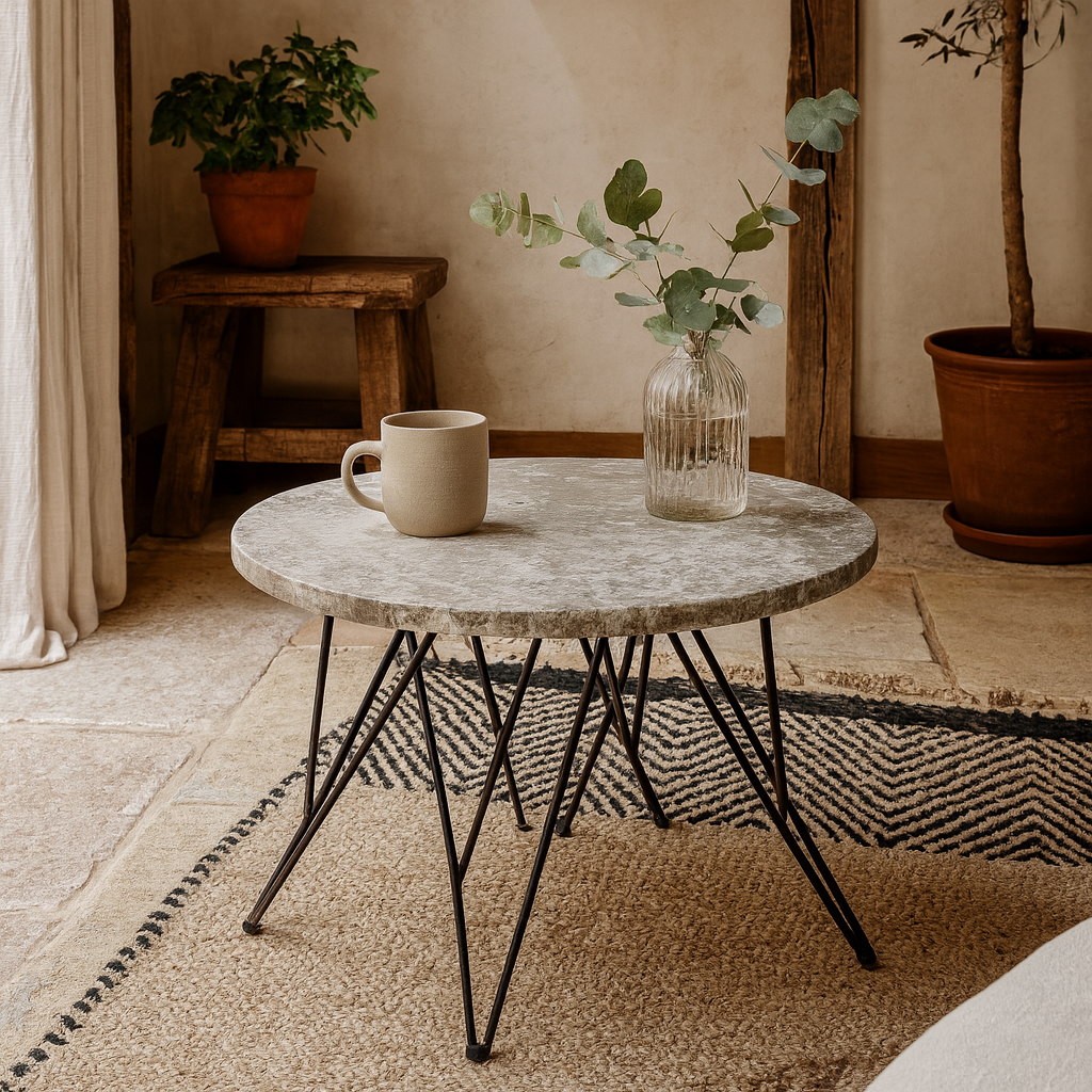 Toulouse Grey Marble Effect Side Table Black Steel Base