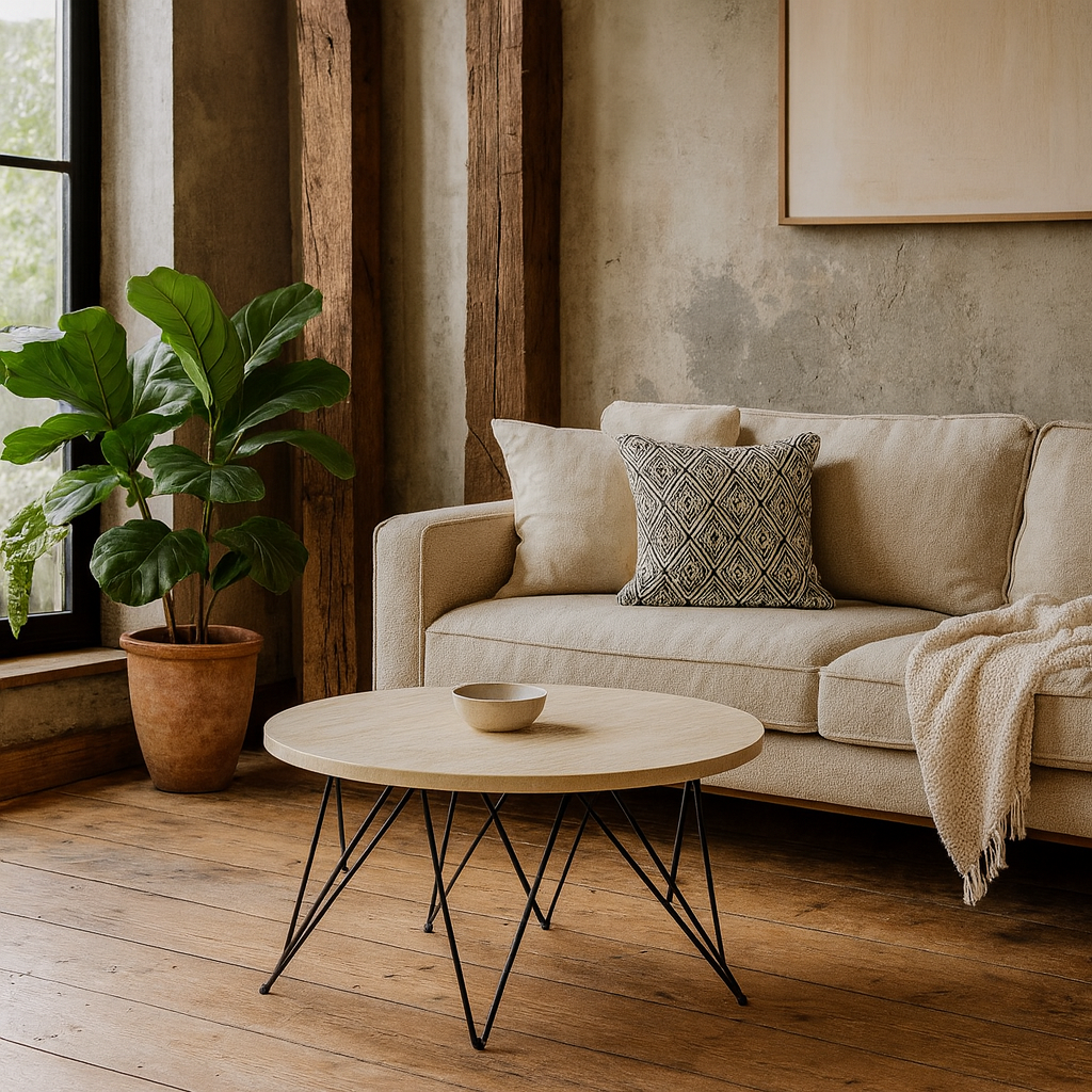 Toulouse Round Beige Marble Effect Coffee Table Black Steel Base