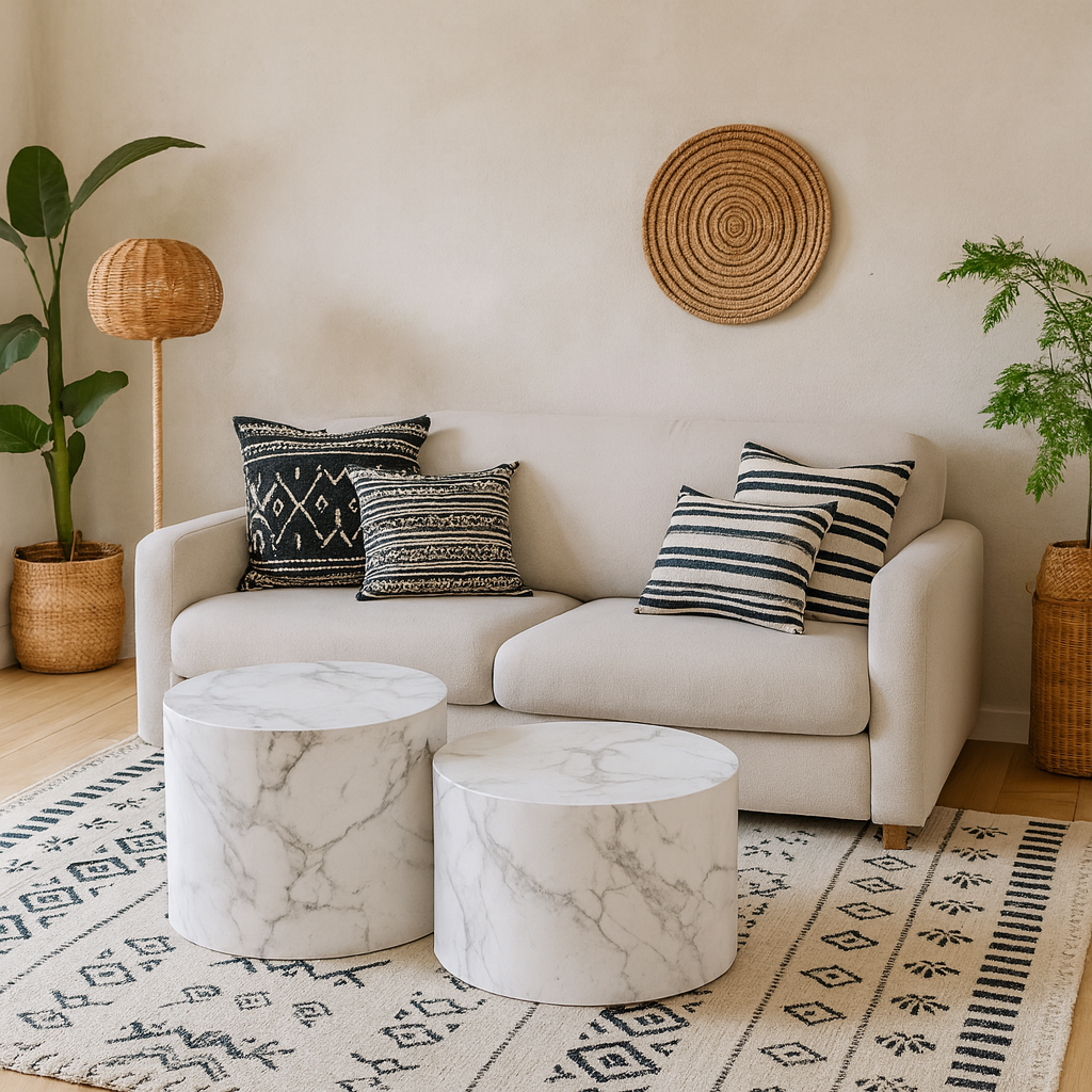 Set of 2 Lille White Marble Effect Round Coffee Table