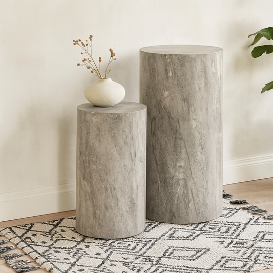 Set of 2 Lille Grey Marble Effect Round Pedestal Side Tables