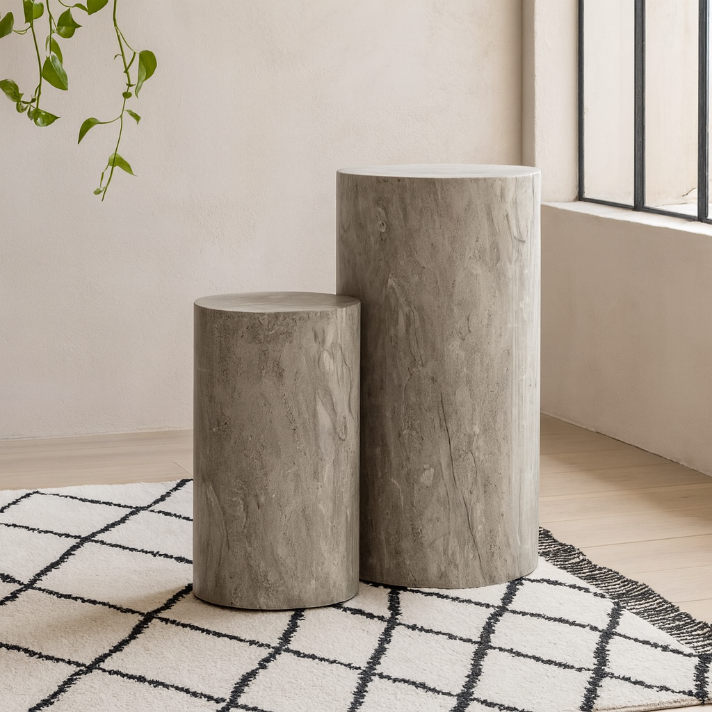 Set of 2 Lille Grey Marble Effect Round Pedestal Side Tables