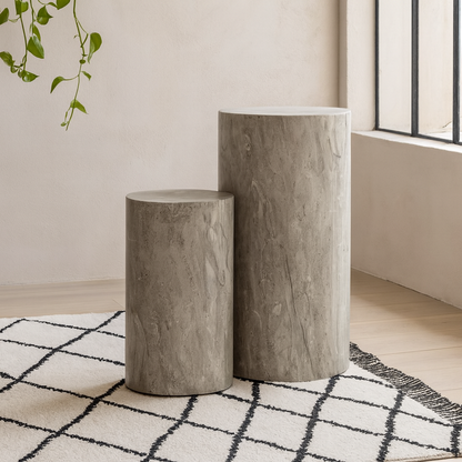 Set of 2 Lille Grey Marble Effect Round Pedestal Side Tables