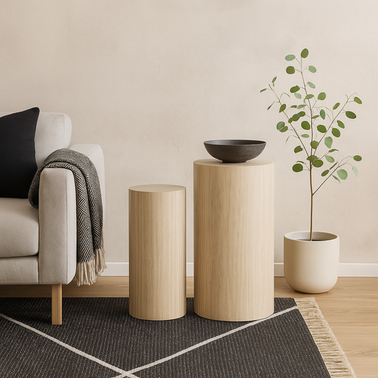 Set of 2 Lille Beige Marble Effect Round Pedestal Side Tables