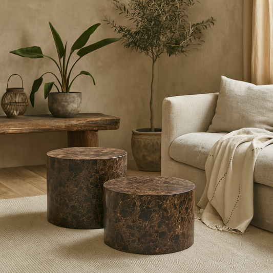 Set of 2 Lille Brown Marble Effect Round Coffee Table