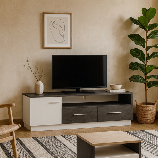 Nantes Grey and White Wide TV Cabinet with 2 Drawers 1 Door Open Shelf