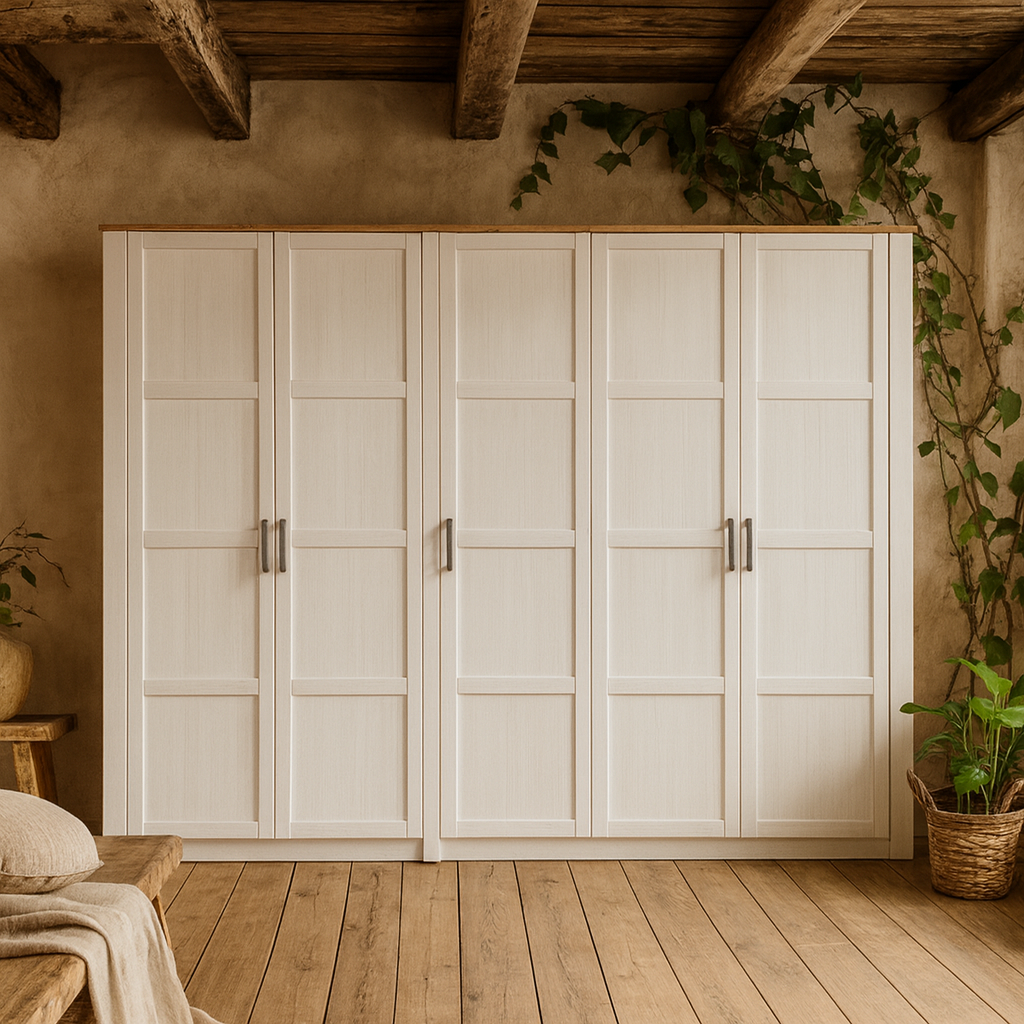 Geneva White Oak 5 Door Wardrobe with Shelves and Hanging Rails