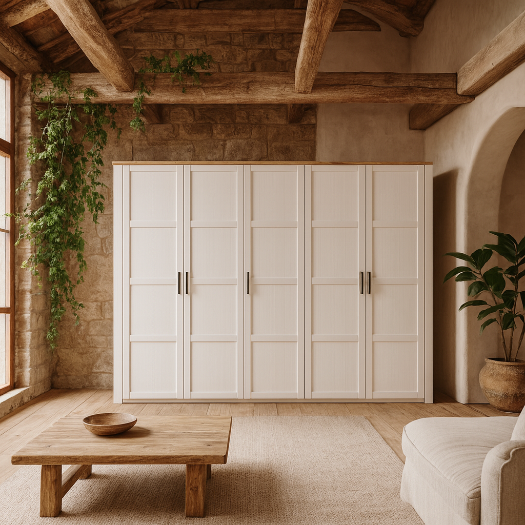 Geneva White Oak 5 Door Wardrobe with Shelves and Hanging Rails