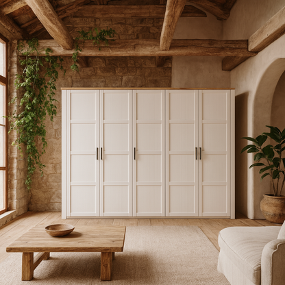 Geneva White Oak 5 Door Wardrobe with Shelves and Hanging Rails