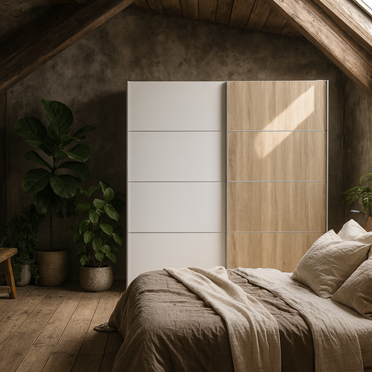 Bordeaux Wide White and Natural Oak Double Sliding Door Wardrobe 5 Shelves 180cm