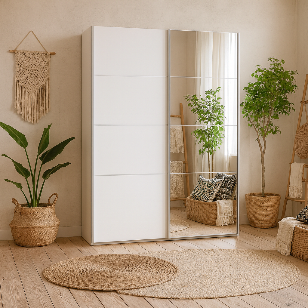 Bordeaux Wide White and Mirror Double Sliding Door Wardrobe 5 Shelves 180cm