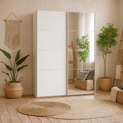 Bordeaux Wide White and Mirror Double Sliding Door Wardrobe 5 Shelves 180cm