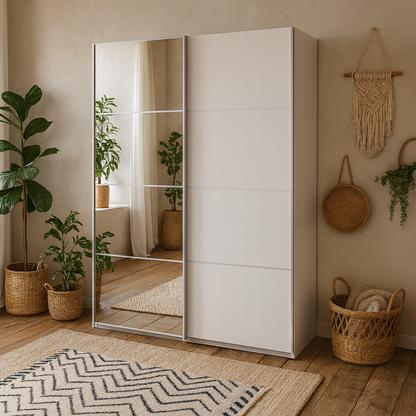 Bordeaux Wide White and Mirror Double Sliding Door Wardrobe 5 Shelves 180cm