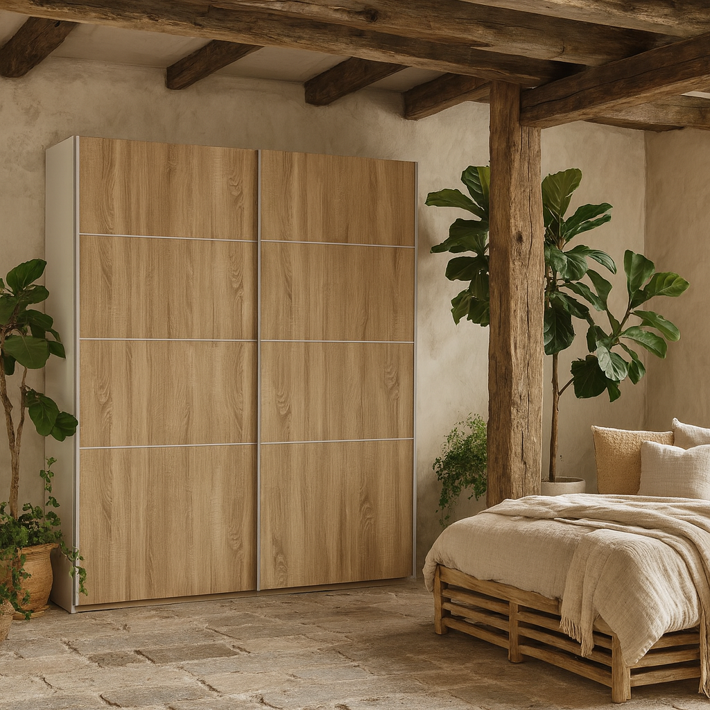 Bordeaux Wide Natural Oak Double Sliding Door Wardrobe 180cm 5 Shelves